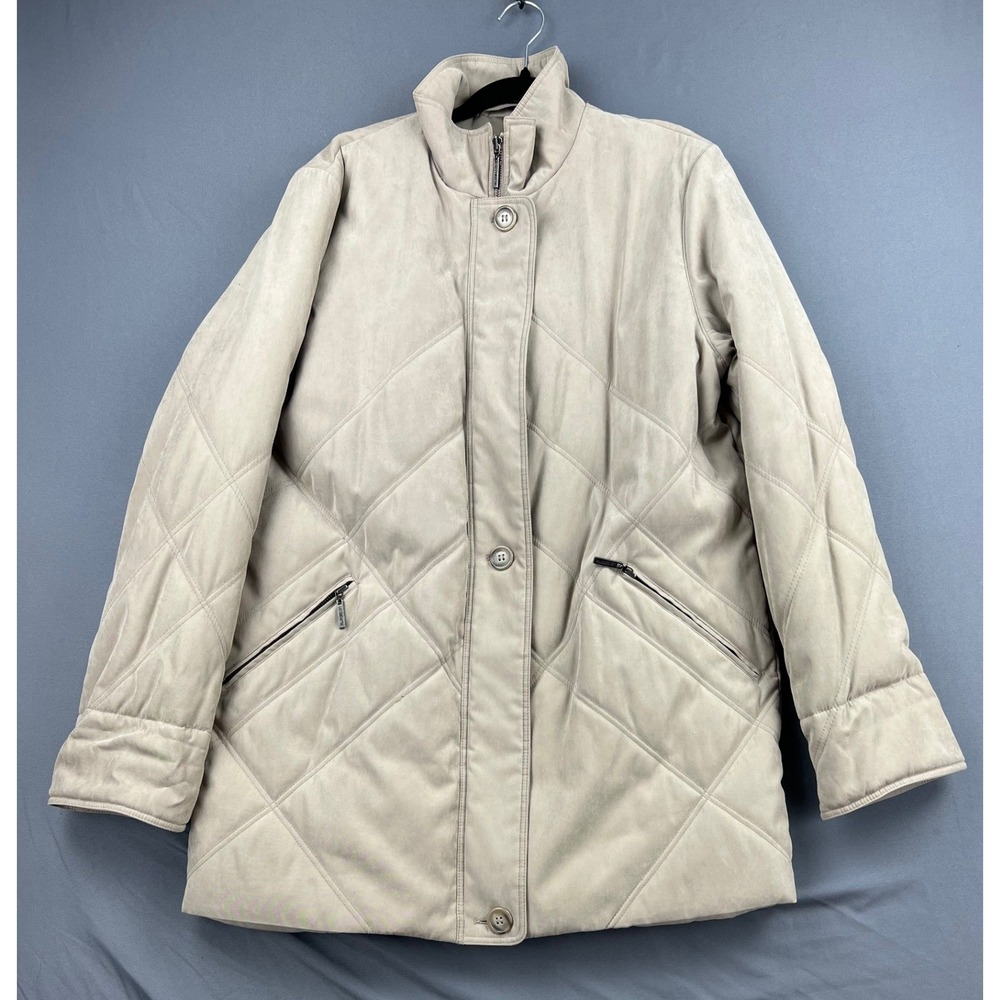 Liz Claiborne Quilted Jacket Womens L Tan Faux Suede Insulated Coat Excellent